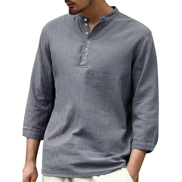 Mens Linen Shirt Casual Button Down 3/4 Sleeve Cotton Linen Curved Hem Lightweight Basic Regular Fit Summer Beach Tops 